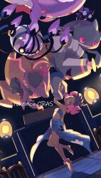 1girl absurdres anklet bandeau banette barefoot blue_bandeau blue_eyes blue_sarong brown_hair chandelure copyright_name dark-skinned_female dark_skin drifblim dusknoir eyelashes game_freak gen_3_pokemon gen_4_pokemon gen_5_pokemon grin highres jewelry lantern mismagius nagatsukiariake nintendo open_mouth phoebe_(pokemon) pokemon pokemon_(creature) pokemon_oras sableye sarong smile