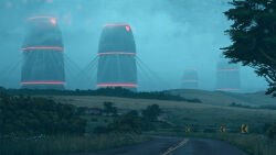 architecture arrow_(symbol) car evening field highres house motor_vehicle no_humans original power_lines road road_sign sign simon_stalenhag tree
