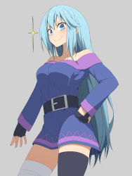 Rule 34 | 1girl, aqua (konosuba), aqua eyes, aqua hair, bad id, bad pixiv id, bandaged leg, bandages, bare shoulders, belt, black gloves, black thighhighs, breasts, cosplay, doyagao, dress, female focus, fingerless gloves, gloves, grey background, hand on own hip, kono subarashii sekai ni shukufuku wo!, long hair, looking at viewer, medium breasts, megumin, megumin (cosplay), off-shoulder dress, off shoulder, salpin, short dress, simple background, single thighhigh, smile, smirk, smug, solo, sparkle, straight hair, thighhighs, zettai ryouiki