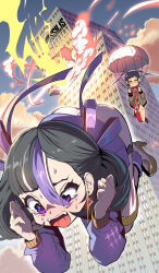 2girls asymmetrical_legwear black_hair blue_sky blunt_bangs bondage_outfit boots brown_eyes building cloud coat commentary_request crying crying_with_eyes_open explosion falling goddess_of_victory:_nikke high_heels highres jacket jitome long_sleeves mole mole_under_eye multicolored_hair multiple_girls nervous_sweating open_mouth outdoors parachute purple_eyes purple_hair rian_(nikke) semi-rimless_eyewear short_hair sky skyscraper streaked_hair sweat syope syuen_(nikke) tears thighhighs white_hair