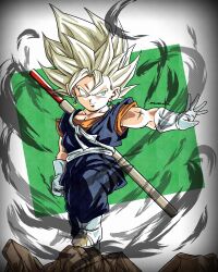 Rule 34 | 1boy, absurdres, adapted costume, blonde hair, blue pants, blue sash, blue tunic, boots, chibi, dougi, dragon ball, dragon ball daima, dragonball z, earrings, full body, gloves, grey background, highres, jewelry, male focus, medium hair, noir illust, orange shirt, pants, potara earrings, ruyi jingu bang, sash, shirt, simple background, solo, spiked hair, super saiyan, super saiyan 1, tunic, twitter username, vegetto, white boots, white gloves