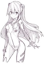 1girl arms_at_sides bracer cowboy_shot female_focus frown hair_between_eyes hand_on_own_thigh legs_apart long_hair mecha_pilot_suit monochrome neon_genesis_evangelion parted_bangs plugsuit_(evangelion) saltydanshark simple_background solo souryuu_asuka_langley standing two_side_up v-shaped_eyebrows very_long_hair white_background