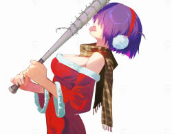 1girl ahoge barbed_wire bare_shoulders baseball_bat breasts cleavage closed_mouth dress earmuffs facing_viewer hair_ornament highres holding holding_baseball_bat looking_to_the_side mara_(raneblu) medium_breasts metal_baseball_bat off-shoulder_dress off_shoulder original purple_hair raneblu red_dress scarf short_hair simple_background solo standing tongue tongue_out upper_body white_background