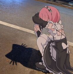 1girl black_dress black_shoes black_sleeves cat_shadow_puppet_(meme) commentary_request detached_sleeves dress frilled_dress frills highres long_sleeves pantyhose pink_hair ram_(re:zero) re:zero_kara_hajimeru_isekai_seikatsu roswaal_mansion_maid_uniform shadow shoes short_hair solo squatting sunegg1112 twitter_username white_pantyhose