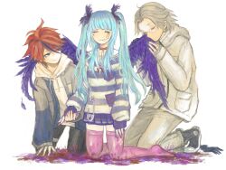 1girl 2boys ahoge amemiya_darumi aotsuki_eito black_hair blue_eyes blue_hair closed_eyes collar full_body glasses kneeling long_hair makeup messy_hair multicolored_hair multiple_boys parted_hair pink_thighhighs pleated_skirt red_eyes runny_makeup skirt smile sumino_takumi the_hundred_line_-last_defense_academy- thighhighs twintails white_background white_hair wings