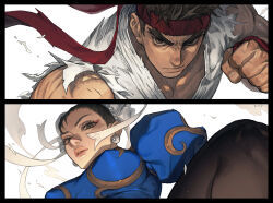 1boy 1girl bare_shoulders black_border black_hair blue_dress border capcom china_dress chinese_clothes chun-li clenched_hand dougi dress earrings grey_background headband highres jewelry morry muscular muscular_male red_headband ryu_(street_fighter) simple_background sphere_earrings street_fighter tunic upper_body white_tunic