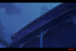 architecture blue_sky blue_theme building cloud cloudy_sky dawn east_asian_architecture from_below highres no_humans original painting_(medium) scenery shadow sky slow_d traditional_media