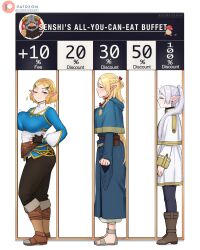 3girls absurdres black_pants black_pantyhose blonde_hair blue_capelet blue_dress blush boots braid breasts brown_boots capelet closed_eyes closed_mouth commentary dismaiden dress dungeon_meshi earrings elf english_commentary english_text frieren grey_hair highres jewelry large_breasts long_hair marcille_donato motion_lines multiple_girls nintendo one_eye_closed pants pantyhose patreon_logo patreon_username pointy_ears princess_zelda sandals senshi_(dungeon_meshi) skirt smile sousou_no_frieren the_legend_of_zelda the_legend_of_zelda:_tears_of_the_kingdom twintails white_capelet white_skirt