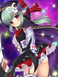 Rule 34 | 1girl, absurdres, bad id, bad twitter id, battle girl high school, beret, empty eyes, female focus, garter straps, green hair, hat, highres, looking at viewer, looking back, panties, red eyes, sadone, solo, striped clothes, striped panties, underwear, yuririn poi