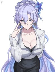 1girl adjusting_eyewear alternate_costume arm_behind_back artist_logo bespectacled black_bra black_skirt blue_eyes blue_flower bra bra_peek breasts cantarella_(wuthering_waves) closed_mouth collarbone commentary earrings english_commentary flower glasses hair_between_eyes hair_flower hair_ornament headdress highres jewelry large_breasts logo long_hair luckplz open_clothes open_shirt purple_hair shirt simple_background skirt smile solo taut_clothes taut_skirt underwear very_long_hair white_background white_shirt wuthering_waves