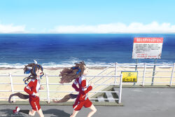 2girls ^_^ animal_ears beach black_socks blue_hair breasts brown_hair closed_eyes clothing_cutout cloud colored_inner_hair daitaku_helios_(umamusume) dated day ear_covers high_heels horizon horse_ears horse_girl horse_tail jacket kneehighs long_hair long_sleeves multicolored_hair multiple_girls ocean open_clothes open_jacket open_mouth outdoors railing red_shorts running sand shadow shoes shorts sign small_breasts smile sneakers socks stairs streaked_hair tail tail_through_clothes takuzui tosen_jordan_(umamusume) tracen_training_uniform twintails twitter_username umamusume water
