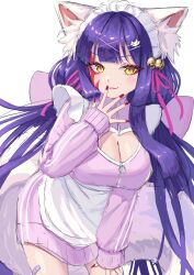 1girl :3 absurdres animal_ear_fluff animal_ears apron bandaid bandaid_on_leg bell blunt_bangs breasts cleavage cleavage_cutout closed_mouth clothing_cutout daji_(monster_strike) facial_mark facial_tattoo fox_girl hair_bell hair_ornament hair_ribbon hairclip heart_cutout highres jacket jersey_maid jingle_bell large_breasts long_hair looking_at_viewer low_twintails maid maid_headdress monster_strike nail_polish purple_hair purple_jacket purple_ribbon red_nails ribbon simple_background sleeves_past_wrists smile solo tail tattoo track_jacket twintails unconventional_maid v-shaped_eyebrows very_long_hair waist_apron white_apron white_background x_hair_ornament yellow_eyes yuha_(kanayuzu611)