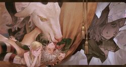 1boy 1girl animal bags_under_eyes between_legs black_footwear blonde_hair blood blood_on_face boots braid braided_ponytail broken_mirror cloak crying curtains demon duanzhaorz dungeon_meshi elf facial_mark forehead_mark giant goat green_cloak green_shirt grey_hair grey_pants hair_between_eyes hair_over_one_eye hair_over_shoulder highres hood hood_down hooded_cloak horizontal_pupils horns injury lamia letterboxed licking long_hair looking_at_another looking_at_viewer lying mirror mithrun monster_girl multiple_horns multiple_views on_back on_stomach one_eye_closed outside_border oversized_animal pants pointy_ears profile reflection saliva shirt short_hair sideways_glance single_braid size_difference smile spoilers tassel tongue tongue_out uneven_eyes uniform yellow_eyes
