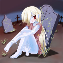 1girl artist_request bandages barefoot blonde_hair blue_skin blush bottomless censored colored_skin convenient_censoring cross embarrassed feet female_focus grave graveyard hair_over_one_eye long_hair lowres monster_girl outdoors red_eyes scar sitting solo stitches tombstone torn_clothes very_long_hair zombie