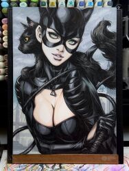 Rule 34 | 1girl, 1other, animal, animal on shoulder, art tools in frame, batman (series), black bodysuit, black cat, black gloves, bodysuit, breasts, cat, cat mask, catsuit, catwoman, catwoman costume (2024 2nd), dc comics, eyelashes, gloves, green eyes, highres, holding, holding whip, large breasts, leather suit, mask, parted lips, stanley lau, superhero costume, traditional media, upper body
