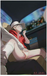 1boy 1girl absurdres age_difference akifn blush brown_hair car car_interior car_seat dated dokev fingering glasses groping hand_in_panties hand_on_leg hat highres hood hoodie implied_fingering interior leg_grab loli motor_vehicle panties spread_legs sweat time twintails underwear yuppers