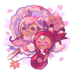2girls :d artist_name bad_id bad_pixiv_id bag black_shoes bomb bow bowtie brown_bag cape cherry_blossom_cookie cherry_cookie commentary_request cookie_run double-parted_bangs explosive frilled_umbrella frills full_body hair_between_eyes heart highres holding holding_bag holding_bomb holding_umbrella hood hood_up hooded_cape inactive_account long_hair looking_ahead low_twintails multiple_girls no_pupils open_mouth pantyhose petticoat pink_eyes pink_hair pink_petals pink_skirt red_bow red_bowtie red_cape rn9j shoes siblings simple_background sisters skirt skull_brooch smile standing standing_on_one_leg twintails two_side_up umbrella walking white_background white_hair white_pantyhose white_shoes