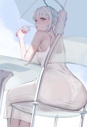 Rule 34 | 1girl, absurdres, alternate costume, alternate hairstyle, ass, bare arms, bare shoulders, blue archive, blunt bangs, blush, chojja, dress, drink, drinking straw, drinking straw in mouth, from behind, highres, holding, holding drink, lace, lace-trimmed panties, lace trim, long hair, noa (blue archive), panties, ponytail, purple eyes, see-through clothes, see-through dress, sleeveless, sleeveless dress, solo, underwear, white dress, white hair, white panties