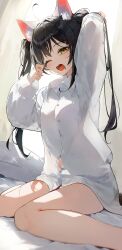 1girl absurdres animal_ear_fluff animal_ears animal_ears_(norankkori) bed_sheet black_hair blush cat_ears cat_girl collared_shirt dress_shirt hands_up highres long_hair long_sleeves looking_at_viewer no_pants one_eye_closed open_mouth original pillow rubbing_eyes shirt sitting sleepy solo twintails waking_up white_shirt yawning yellow_eyes