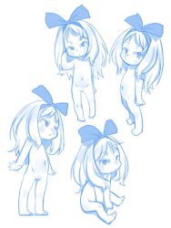 Rule 34 | 1girl, barefoot, blush, bow, completely nude, feet, flat chest, gundam, hair bow, highres, kikka kitamoto, long hair, mobile suit gundam, monochrome, multiple views, navel, nipples, nude, pussy, ribbon, sitting, standing, stomach, teruki kuma, toes
