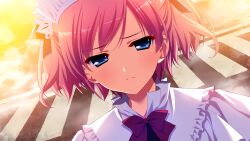 1girl black_ribbon blue_eyes bow bowtie closed_mouth crosswalk frilled_ribbon frills frown fumio_(ura_fmo) game_cg grisaia_(series) grisaia_no_rakuen hair_ribbon half-closed_eyes komine_sachi looking_at_viewer maid_headdress non-web_source official_art outdoors pink_hair portrait red_bow red_bowtie ribbon short_hair solo swept_bangs two_side_up variant_set