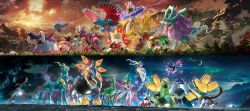 absurdres aura brute_bonnet crescent_moon gouging_fire great_tusk highres iron_boulder iron_bundle iron_crown iron_hands_(pokemon) iron_jugulis iron_leaves iron_moth iron_thorns iron_treads iron_valiant key_visual koraidon miraidon moon multiple_others nintendo no_humans official_art open_mouth pokemon pokemon_(creature) pokemon_tcg promotional_art raging_bolt roaring_moon sandy_shocks scream_tail slither_wing sun walking_wake