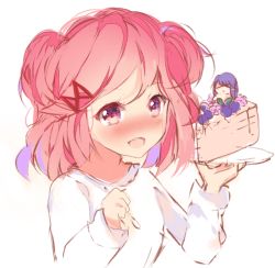 &gt;_&lt; 2girls :d ayadrevismad blush cake commentary doki_doki_literature_club english_commentary food hair_ornament hairclip in_food mini_person minigirl multiple_girls natsuki_(doki_doki_literature_club) open_mouth pink_eyes pink_hair plate simple_background sketch smile spoon two_side_up upper_body white_background yuri_(doki_doki_literature_club)