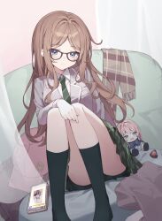 1girl bang_dream! bang_dream!_it&#039;s_mygo!!!!! black_socks blue_eyes brown_hair cellphone character_doll chihaya_anon chinese_commentary chinese_text collared_shirt commentary_request convenient_leg cosplay costume_switch diagonal-striped_clothes diagonal-striped_necktie glasses green_skirt grey_jacket haneoka_school_uniform highres jacket kneehighs long_hair long_sleeves maidcode1023 mygo!!!!!_logo_(bang_dream!) nagasaki_soyo necktie no_shoes phone plaid_clothes plaid_skirt pleated_skirt school_uniform shirt sidelocks sitting skirt smartphone smartphone_case socks solo striped_clothes translation_request tsukinomori_school_uniform white_shirt