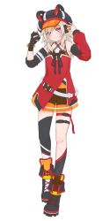 1girl :3 absurdres asymmetrical_legwear asymmetrical_sleeves bare_shoulders beret black_hat black_shorts blonde_hair detached_sleeves dress earpiece facial_mark fold-over_boots full_body gloves hat highres komori_met komori_met_(1st_costume) long_hair nanashi_inc. purple_eyes see-through_clothes see-through_dress short_shorts shorts simple_background single_glove single_thighhigh sleeveless sleeveless_dress solo spaghetti_strap standing thigh_strap thighhighs v_ap_art virtual_youtuber vspo! white_background zephda