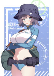 1girl absurdres aqua_eyes arms_under_breasts bag belt bikini bikini_bottom_only blue_archive blue_bikini blue_jacket blush breasts bucket_hat cowboy_shot crossed_arms duffel_bag green_halo grey_bag halo hat highres jacket kurosaki_saya large_breasts long_sleeves looking_at_viewer multicolored_jacket navel official_alternate_costume open_mouth purple_hair raglan_sleeves rash_guard saki_(blue_archive) saki_(swimsuit)_(blue_archive) short_hair solo swimsuit thighs two-tone_jacket utility_belt v-shaped_eyebrows white_jacket