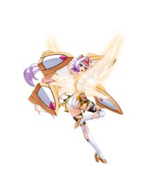 1girl ass azarin_(kouyoku_senki_exs-tia) black_thighhighs boots breasts exs-tia_magica floating floating_object floating_weapon forehead_protector full_body game_cg gloves hair_intakes headgear high_heel_boots high_heels highres inoino kouyoku_senki_exs-tia large_variant_set leg_up leotard long_hair looking_at_viewer looking_back non-web_source official_art open_mouth purple_hair scarf shield skirt solo thigh_boots thighhighs torn_clothes torn_skirt torn_thighhighs transparent_background variant_set weapon white_leotard wings yellow_eyes