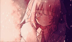 1girl abstract_background ada_(iyowa) adipocere_(vocaloid) blush closed_mouth coat commentary_request expressionless fur-trimmed_coat fur_trim gradient_background half-closed_eyes highres iyowa_girls long_hair looking_to_the_side neck_ribbon okayu_(cwtv7823) open_clothes open_coat pink_ribbon portrait ribbon screentones shirt sidelighting snowing solo twintails white_coat white_eyes white_hair white_shirt