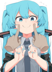 1boy 1girl abmayo black_sleeves blue_eyes blue_hair breasts closed_mouth collared_shirt commentary_request detached_sleeves disembodied_hand forced_smile grey_necktie grey_shirt hatsune_miku highres looking_at_viewer necktie shirt small_breasts smile solo_focus twintails vocaloid