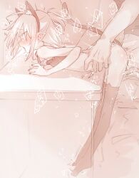1boy 1girl absurdres animal_ear_fluff animal_ear_legwear animal_ears azuma_shino blush cat_ear_legwear cat_ears cat_tail fake_animal_ears greyscale hands_on_another&#039;s_hips hetero highres monochrome nowareno_(azuma_shino) open_mouth original pointy_ears sepia sex skinny tail thighhighs