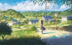 1girl bag blue_sailor_collar blue_skirt blue_sky blue_socks brown_hair building cloud commentary_request day fjsmu from_behind grass highres holding holding_bag original outdoors pleated_skirt power_lines sailor_collar scenery school_bag school_uniform serafuku shadow shoes skirt sky socks solo tree utility_pole white_serafuku white_shoes wide_shot wind