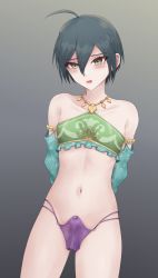 Rule 34 | 1boy, 7cs (congchuabuoito), ahoge, arms behind back, black hair, blush, brown eyes, bulge, collarbone, cosplay, crop top, danganronpa (series), danganronpa v3: killing harmony, detached sleeves, erection, erection under clothes, gerudo set (zelda), gradient background, grey background, groin, hair between eyes, highres, jewelry, link, link (cosplay), male focus, navel, necklace, open mouth, panties, precum, precum through clothes, purple panties, saihara shuichi, short hair, solo, stomach, trap, underwear