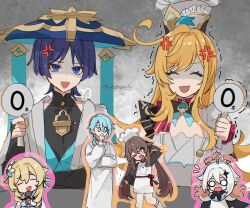 &gt;_o 2boys 4girls ahoge alternate_headwear anger_vein annoyed apron aqua_hair arm_at_side arm_up black_bow black_bowtie black_bridal_gauntlets black_scarf black_sleeves blonde_hair blue_feathers blue_flower blue_kimono blue_trim blunt_ends blunt_tresses blush bow bowtie bridal_gauntlets brown_hair brown_halo brown_outline chef_hat clenched_hand closed_eyes cowlick detached_sleeves diamond_hair_ornament dress escoffier_(genshin_impact) eyelashes eyeliner eyeshadow feather_hair_ornament feathers flower flower-shaped_pupils flying_sweatdrops forced_smile genshin_impact grey_kimono hair_flower hair_ornament halo hands_on_own_head hat highres holding holding_microphone hu_tao_(genshin_impact) huge_ahoge japanese_clothes juban kamisato_ayato kappougi kimono kuromu_shado long_hair long_sleeves looking_at_another looking_at_viewer low_twintails lumine_(genshin_impact) makeup mandarin_collar mechanical_halo microphone multicolored_flower multiple_boys multiple_girls o_o one_eye_closed open_clothes open_hand open_kimono open_mouth outline paimon_(genshin_impact) panicking parted_bangs pink_outline puff_of_air purple_eyes purple_hair red_eyeliner red_eyes red_eyeshadow red_scrunchie scaramouche_(genshin_impact) scarf score scrunchie shaded_face short_hair short_hair_with_long_locks short_sleeves shoulder_peek sidelocks star_(symbol) sweatdrop swept_bangs symbol-shaped_pupils tehepero tongue tongue_out toque_blanche trembling twintails twitter_username wanderer_(genshin_impact) white_apron white_dress white_flower white_hair white_hat white_romper white_scarf white_sleeves