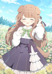 1girl :d ^_^ animal_ears blue_skirt blue_sky blush bow bowtie closed_eyes collared_shirt commentary commission cowboy_shot day dog_ears dog_girl dog_tail facing_viewer field flower flower_field frilled_skirt frills green_bow green_bowtie green_eyes hand_up highres long_hair long_sleeves open_mouth original outdoors red_hair shirt skeb_commission skirt sky smile solo tail tyomimas white_shirt