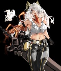 1girl absurdres arm_strap black_background black_choker black_gloves black_horns black_pants breasts bright_pupils choker commentary cowboy_shot curled_horns earrings gloves greatsword hair_over_one_eye highres holding holding_sword holding_weapon horns jewelry key_earrings large_breasts long_hair mole mole_on_breast mouth_hold navel necktie necktie_around_wrists pants red_eyes red_necktie shirt simple_background smile solo stomach suneasy sword torn_clothes torn_shirt weapon white_hair white_pupils white_shirt wuthering_waves zani_(wuthering_waves)