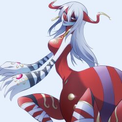 1girl arachne archnemon arthropod_girl bandaged_arm bandaged_leg bandages blue_background breasts claws colored_skin digimon digimon_(creature) digimon_adventure_02 earrings from_side gem hair_between_eyes highres horns insect_girl jewelry kidzukiray large_breasts lips lipstick long_hair looking_at_viewer makeup mask monster_girl multiple_legs parted_lips pink_gemstone red_eyes red_mask simple_background sleeveless slit_pupils solo sparkle spider_girl taur white_hair white_skin
