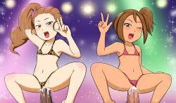 2boys 2girls animal_print bikini blush brown_hair cum cum_in_pussy dark-skinned_male dark_skin drill_hair flat_chest fujimoto_mai gouguru hetero interracial large_penis loli looking_at_viewer multiple_boys multiple_girls navel one_eye_closed out_of_frame cum_overflow penis sex shibuya_anna short_hair side_ponytail squatting squatting_cowgirl_position sweat swimsuit tiger_print tiger_print_bikini v vaginal wink youkai_watch youkai_watch_3