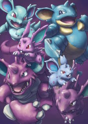 black_eyes claws creature evolutionary_line gen_1_pokemon horns jumping looking_at_another mijinko_(barabadge) nidoking nidoqueen nidoran nidoran_(female) nidoran_(male) nidorina nidorino nintendo no_humans pokemon pokemon_(creature) purple_background red_eyes simple_background single_horn walking