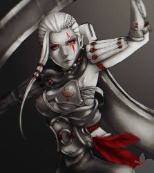 1girl armguard armor armpits asymmetrical_hair braid breasts budget_sarashi covered_erect_nipples dark_background facial_tattoo feathers female_focus french_braid fringe_trim greyscale huge_weapon hyrule_warriors impa lips looking_at_viewer monochrome muneate nintendo nose pauldrons pointy_ears red_eyes red_ringo sarashi scarf sheath shoulder_armor shoulder_guard sideboob solo spot_color sword tattoo the_legend_of_zelda vambraces weapon