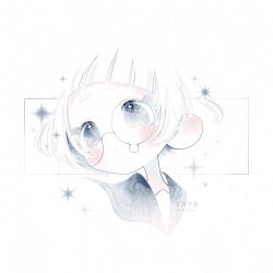 1girl artist_name blunt_bangs blush closed_mouth dot_mouth dot_nose ear_blush eyelashes glasses highres looking_afar monochrome original portrait round_eyewear sailor_collar short_eyebrows short_hair simple_background solo sparkle square thk_41
