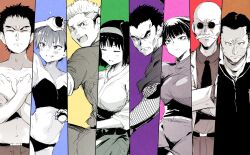 Rule 34 | 3girls, 5boys, :d, black hair, black shirt, black suit, blaine (pokemon), brock (pokemon), clenched hand, closed mouth, erika (pokemon), facial hair, formal clothes, giovanni (pokemon), glasses, gloves, hairband, highres, japanese clothes, kimono, koga (pokemon), misty (pokemon), monochrome, multiple boys, multiple girls, mustache, necktie, nintendo, nusmusbim, old, old man, open mouth, pants, poke ball print, pokemon, pokemon rgby, red necktie, sabrina (pokemon), scarf, shirt, short hair, smile, spiked hair, suit, sunglasses, surge (pokemon), teeth, upper teeth only, very short hair, white suit