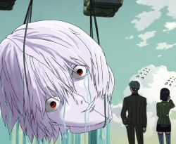 1boy 1girl alternate_universe bird cable challia_bull cloud cloudy_sky commentary_request comoli_harcourt corpse crane_(machine) crazy_eyes crazy_smile crossover flying giant gundam gundam_gquuuuuux is_this_the_rose_of_sharon?_(meme) meme nagisa_kaworu neon_genesis_evangelion neoomega parody red_eyes scene_reference science_fiction severed_head sky smile spoilers the_end_of_evangelion zeon