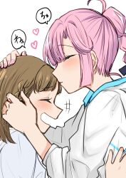 Rule 34 | +++, 2girls, ahoge, anyoji hime, black ribbon, blush, braid, brown hair, center-flap bangs, closed eyes, commentary request, dress, hair ribbon, hand on another&#039;s head, hasu no sora school uniform, heart, highres, hood, hooded jacket, jacket, kachimachi kosuzu, kiss, kissing forehead, link! like! love live!, long hair, love live!, multi-tied hair, multiple girls, namazakana kuenai, open mouth, pink hair, ponytail, profile, ribbon, sailor collar, school uniform, side braids, simple background, speech bubble, summer uniform, three-quarter sleeves, virtual youtuber, white background, white dress, white jacket, white sailor collar