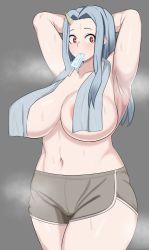 1girl absurdres aged_up areola_slip armpits arms_behind_head arms_up blush boku_no_hero_academia breasts cameltoe collarbone convenient_censoring curvy dolphin_shorts eri_(boku_no_hero_academia) food food_in_mouth grey_background grey_hair grey_shorts heavy_breathing highres horn horns huge_breasts large_areolae long_hair looking_at_viewer onisan popsicle popsicle_in_mouth red_eyes short_shorts shorts solo standing stomach sweat thick_thighs thighs topless_female towel towel_over_breasts wide_hips