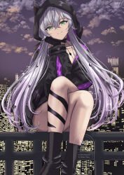 1girl black_boots boots cityscape crossed_legs fate/grand_order fate_(series) green_eyes hand_on_own_chin highres hood hoodie ksfactory lilith_(fate) lilith_(first_ascension)_(fate) night night_sky on_railing railing signature sky smile solo white_hair