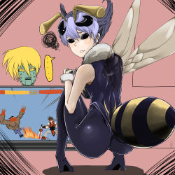 ... 1girl antennae arc_system_works ass bad_id bad_pixiv_id bee bee_girl blue_hair blush bug capcom guilty_gear high_heels highleg highleg_leotard highres bug arthropod_girl insect_wings kiyomasa_f leotard looking_at_viewer looking_back monster_girl pantyhose playing_games potemkin_(guilty_gear) q-bee robo-ky shoes short_hair skin_tight sleeveless sol_badguy thong_leotard darkstalkers video_game wings